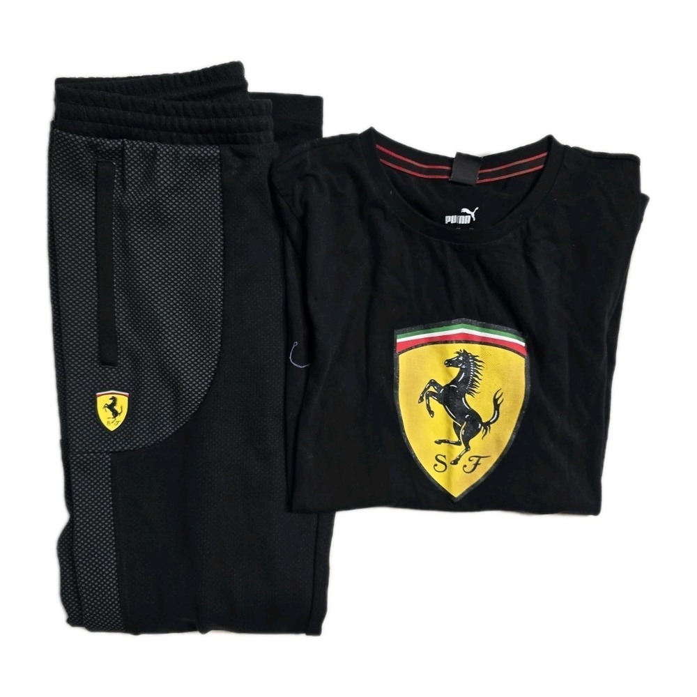 Puma Men's Scuderia Ferrari Black M Tshirt Joggers Pants‎ Set Lot Of 2